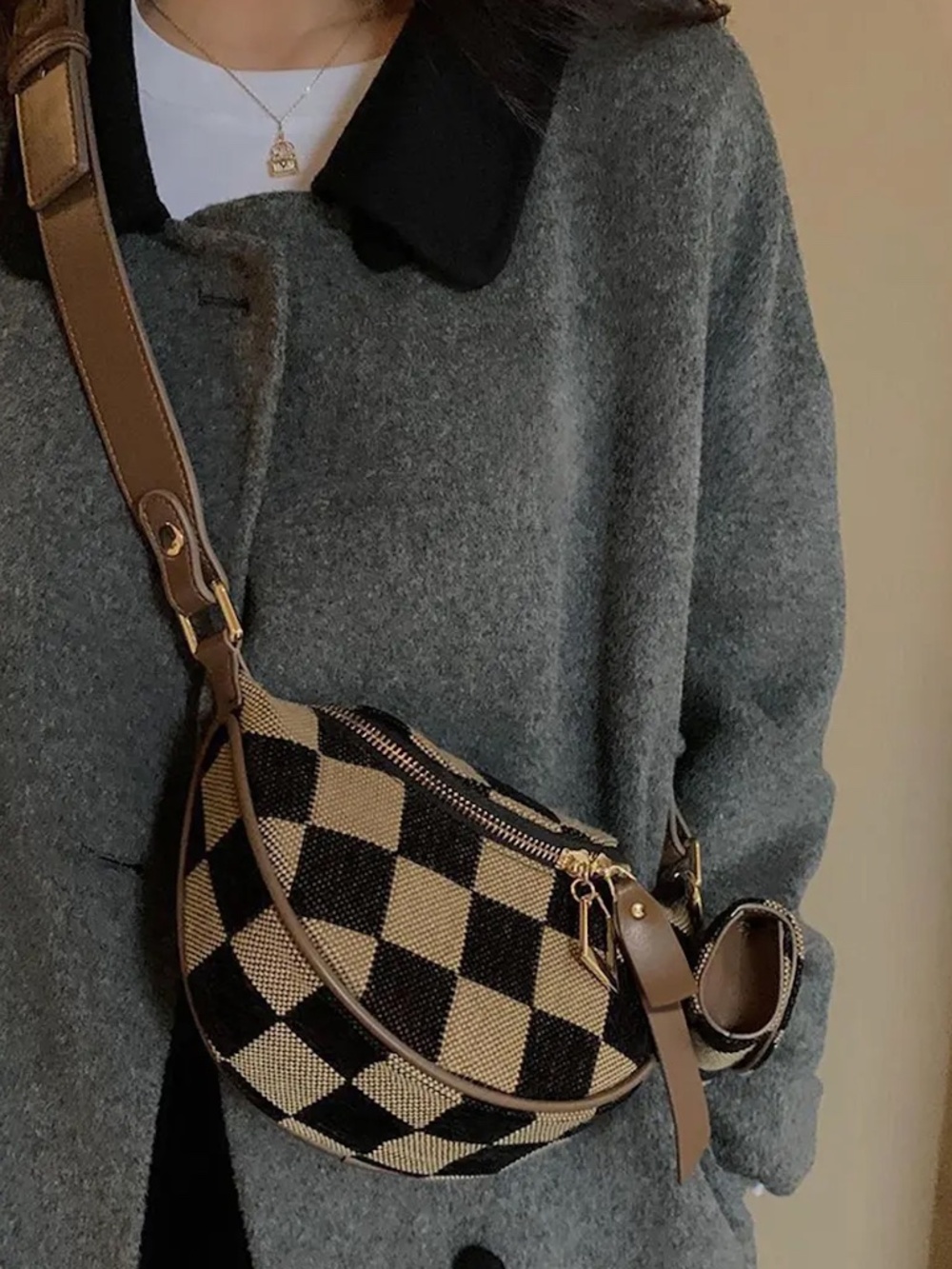 Brown Black Checkered Crescent Crossbody Bag Adjustable Strap